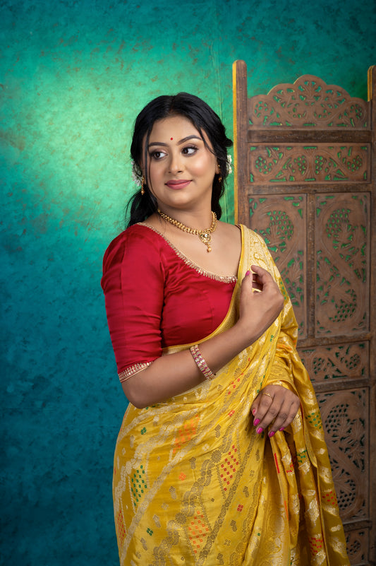 Woman draped in a bright yellow Banarasi saree paired with a maroon semi-silk blouse featuring hand-done zardozi embroidery, posing elegantly against a turquoise backdrop.
